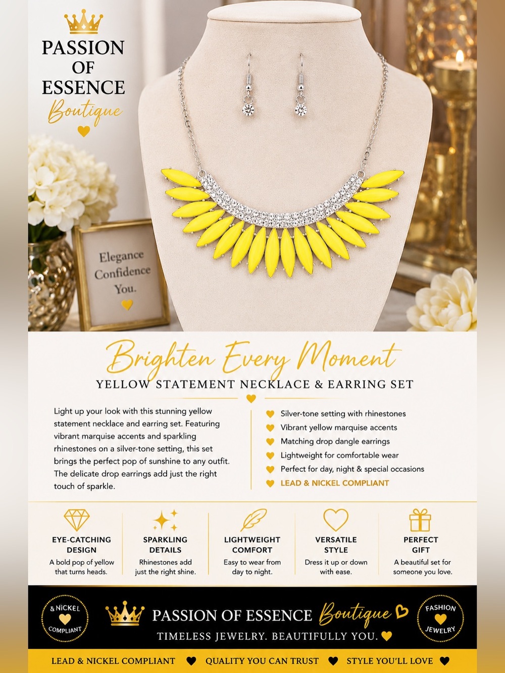 Bold Yellow Gemstone Statement Necklace & Crystal Drop Earrings Set